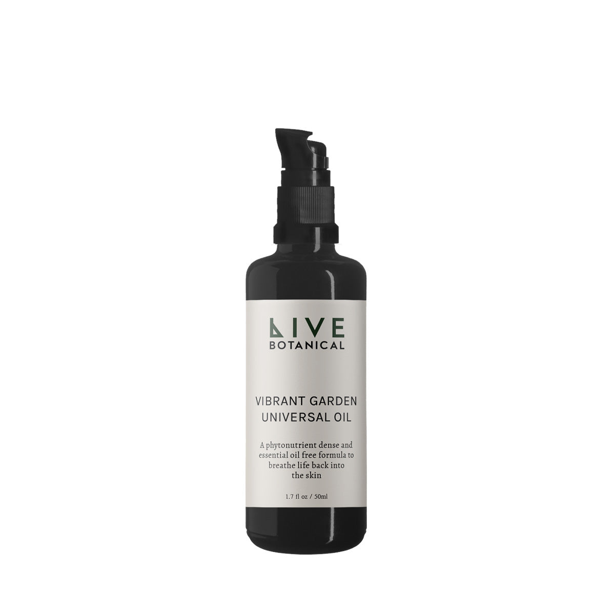 Live Botanical Vibrant Garden Universal Oil 50ml bottle with herbal and botanical ingredients. Hydrating and nourishing oil for dry, sensitive skin.