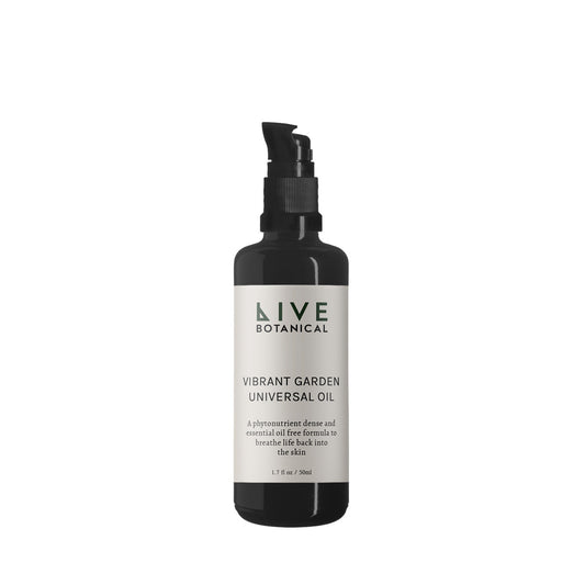 Live Botanical Vibrant Garden Universal Oil 50ml bottle with herbal and botanical ingredients. Hydrating and nourishing oil for dry, sensitive skin.