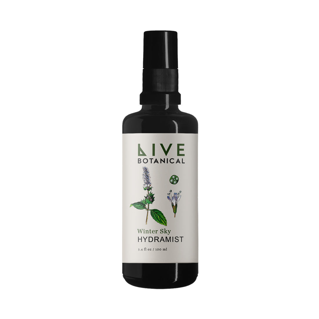 LIVE BOTANICAL Winter Sky Hydramist in 100ml black glass bottle