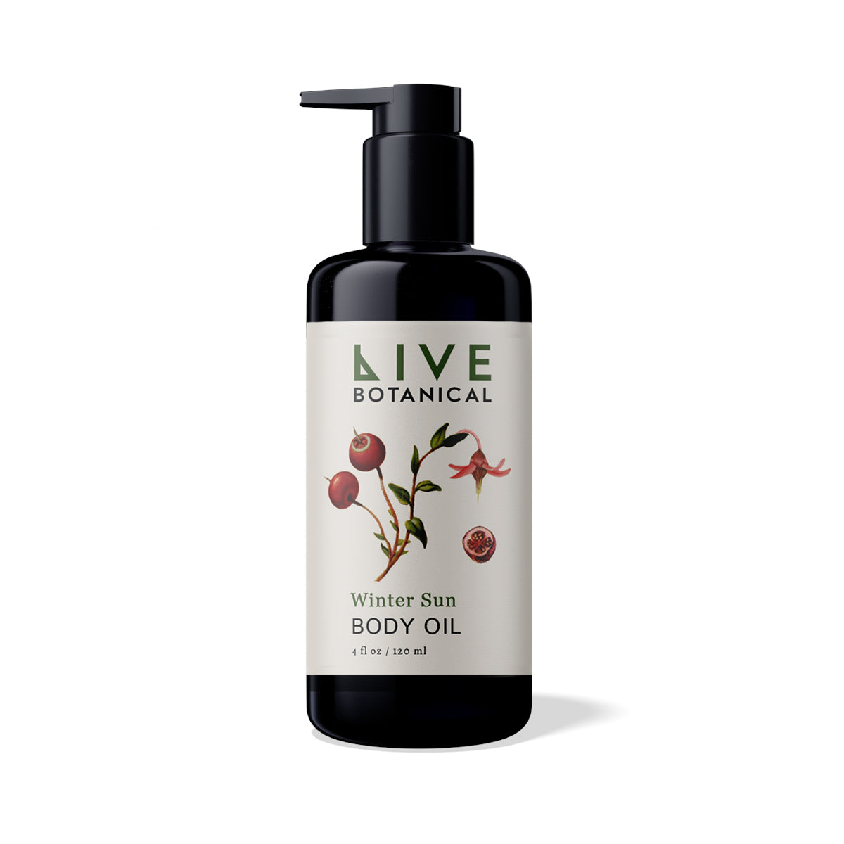 LIVE BOTANICAL Winter Sun Body Oil 120ml black glass bottle with a black pump
