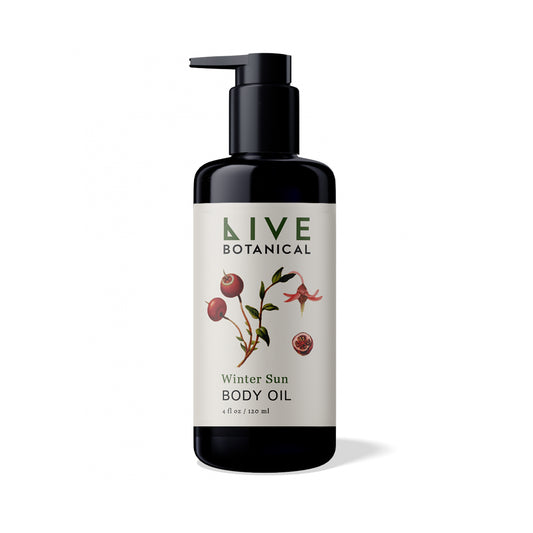 LIVE BOTANICAL Winter Sun Body Oil 120ml black glass bottle with a black pump