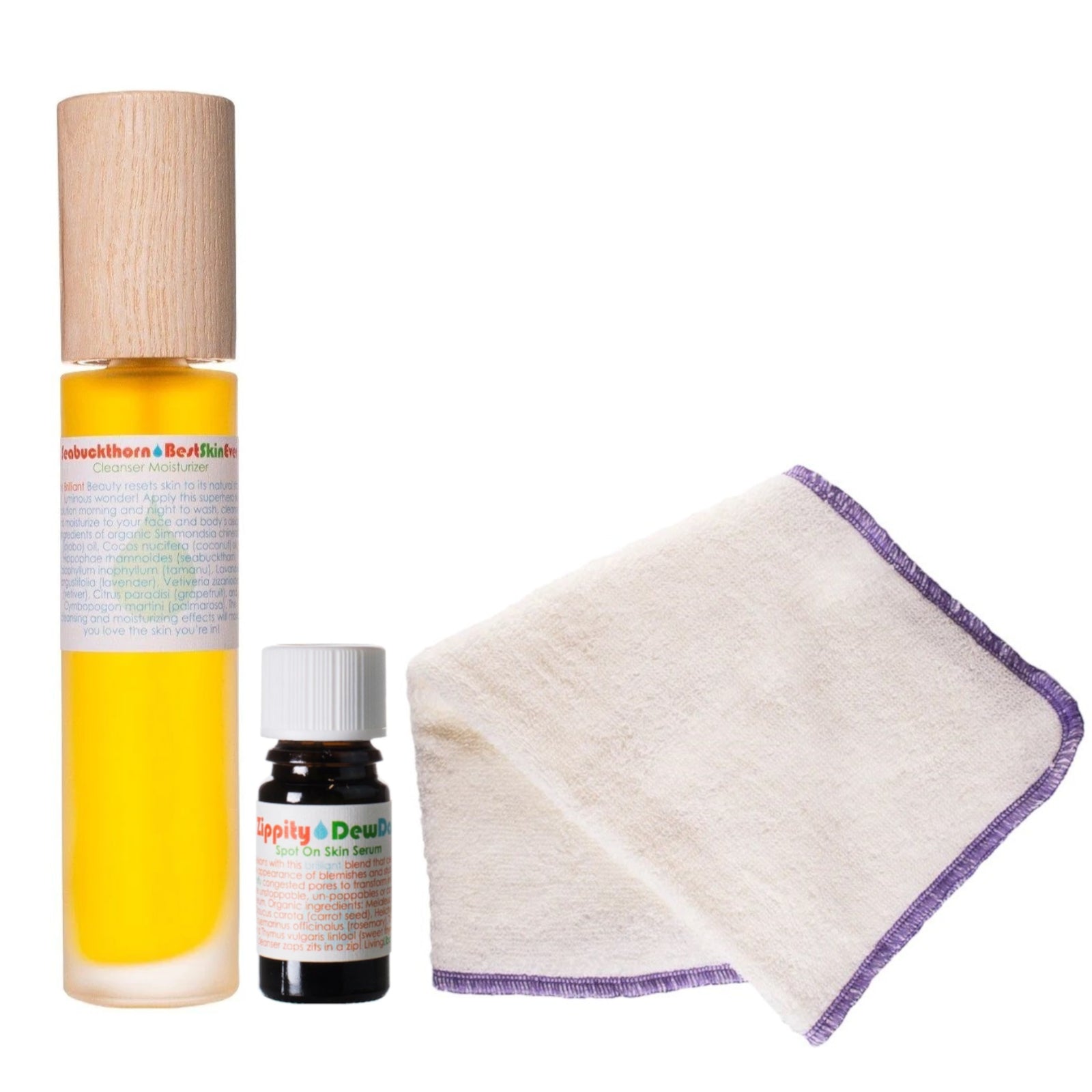 LIVING LIBATIONS Brilliant Beauty Basic Blemish Bundle - includes Seabuckthorn Best Skin Ever, Zippity DewDab Spot On Skin Serum, and Organic Hemp Face Cloth. Purify pores, cleanse acne, and revitalize your complexion with luxurious botanicals. Complete your bundle with Ensorcell Serum or All Season Serum.