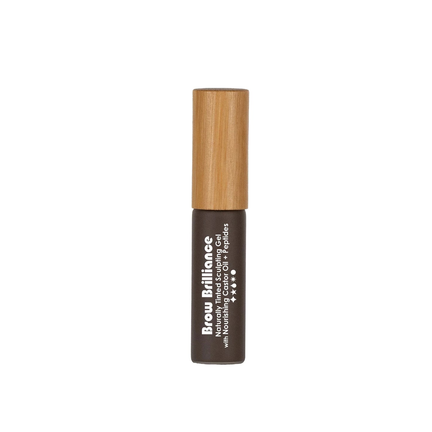 Brow Brilliance product with wooden cap on a white background. Living Libations sculpting brow gel with mineral tint and plant waxes.