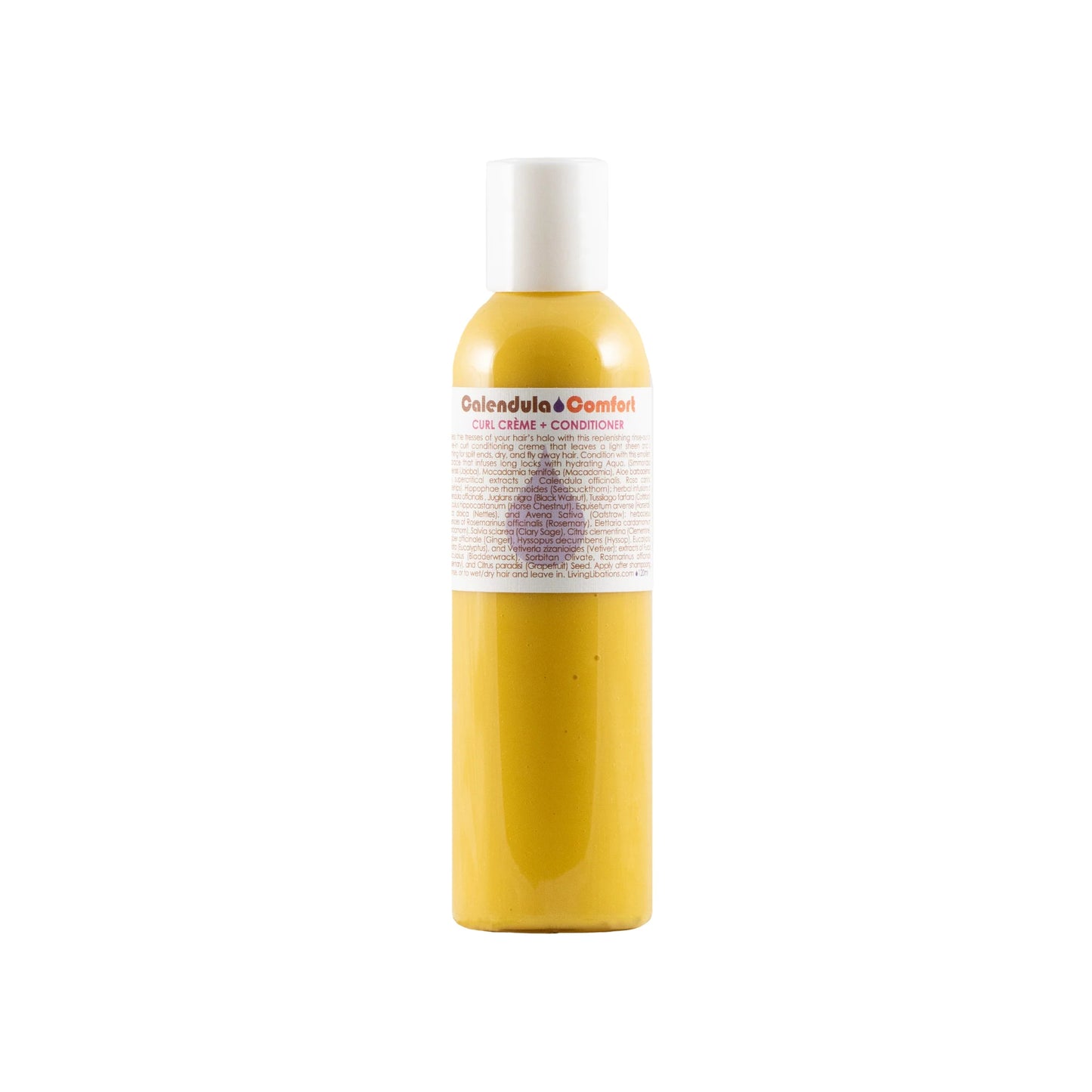 Living Libations Calendula Comfort Curl Crème + Conditioner bottle with botanical ingredients, ideal for soft, manageable curls and frizz-free hair. 120 ml