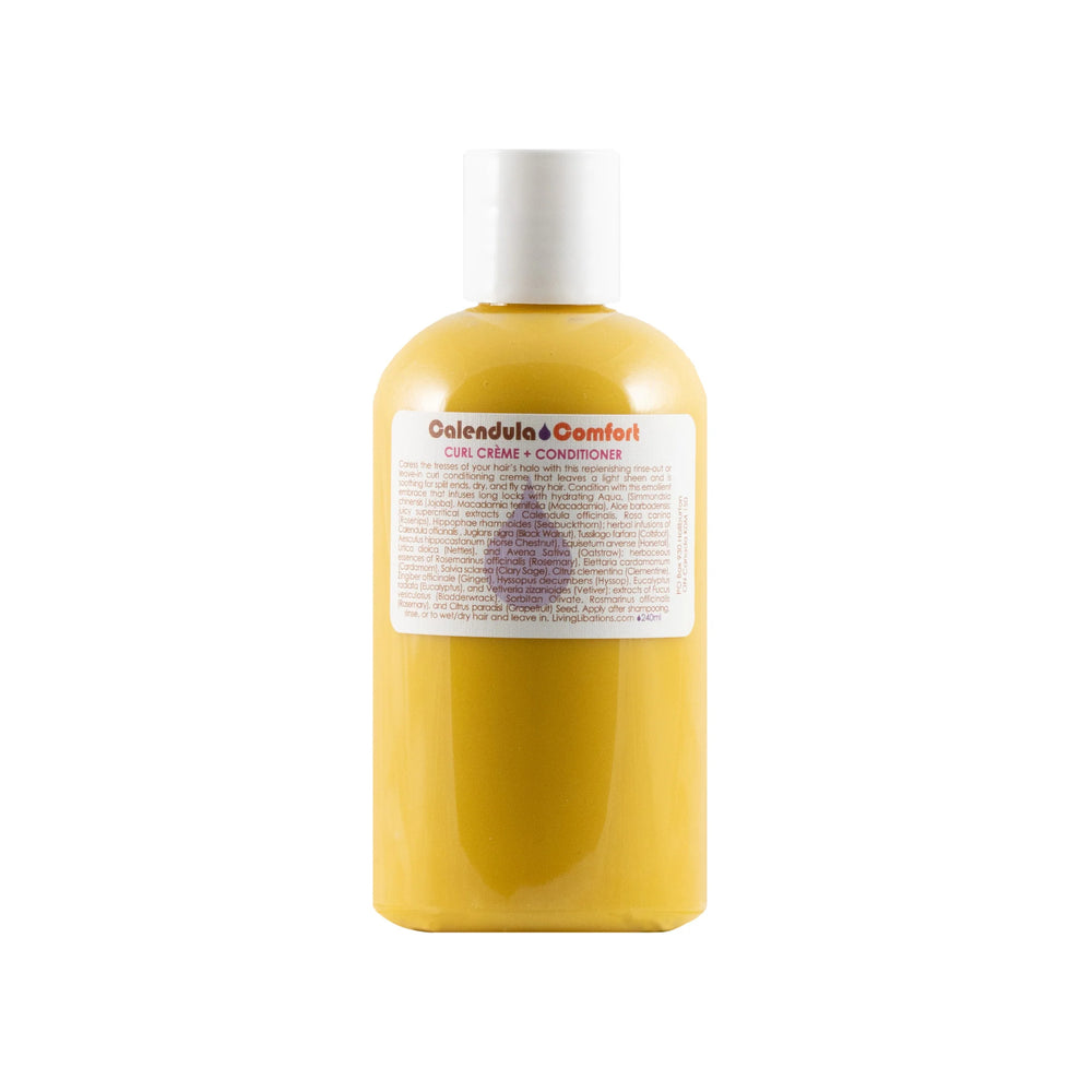 Living Libations Calendula Comfort Curl Crème + Conditioner bottle with botanical ingredients, ideal for soft, manageable curls and frizz-free hair. 120 ml