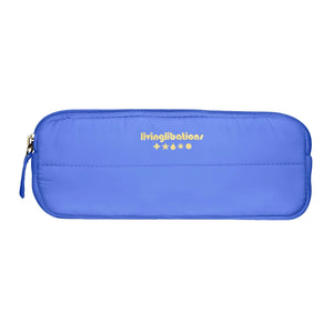 Blue zippered pouch with 'livinglibations' branding on a white background