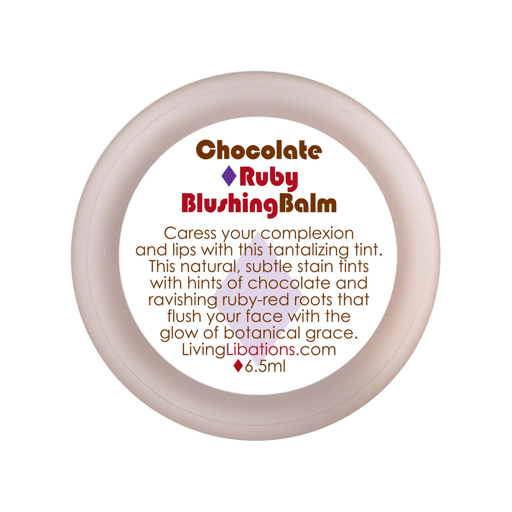 Living Libations Chocolate Ruby Blushing Balm with chocolate-rose tint for lips and cheeks