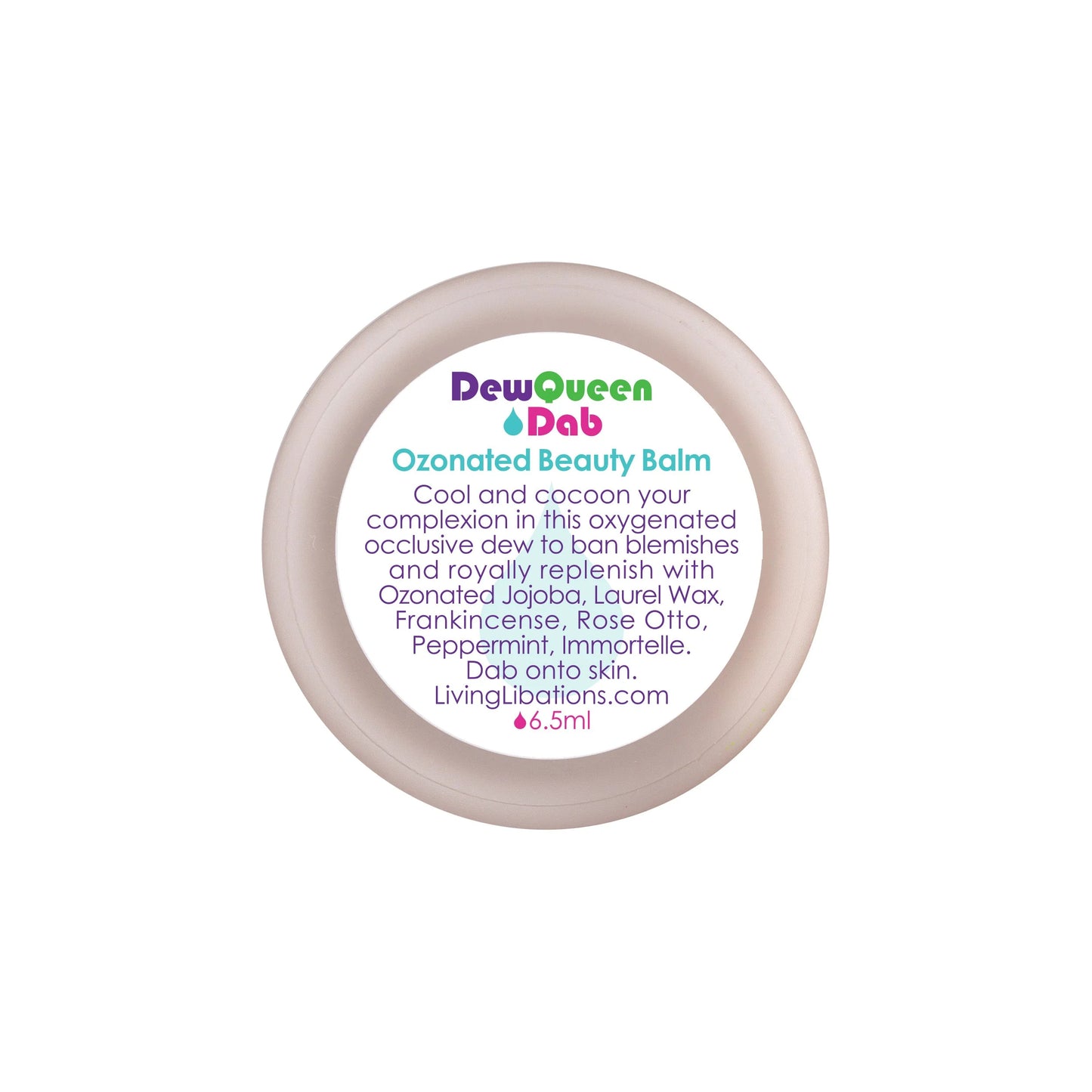 Living Libations Dew Queen Ozonated Beauty Balm in a 6.5 ml container, a concentrated blend infused with activated oxygen and botanicals for hydration and skin balance.