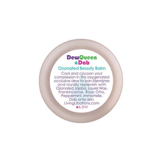 Living Libations Dew Queen Ozonated Beauty Balm in a 6.5 ml container, a concentrated blend infused with activated oxygen and botanicals for hydration and skin balance.