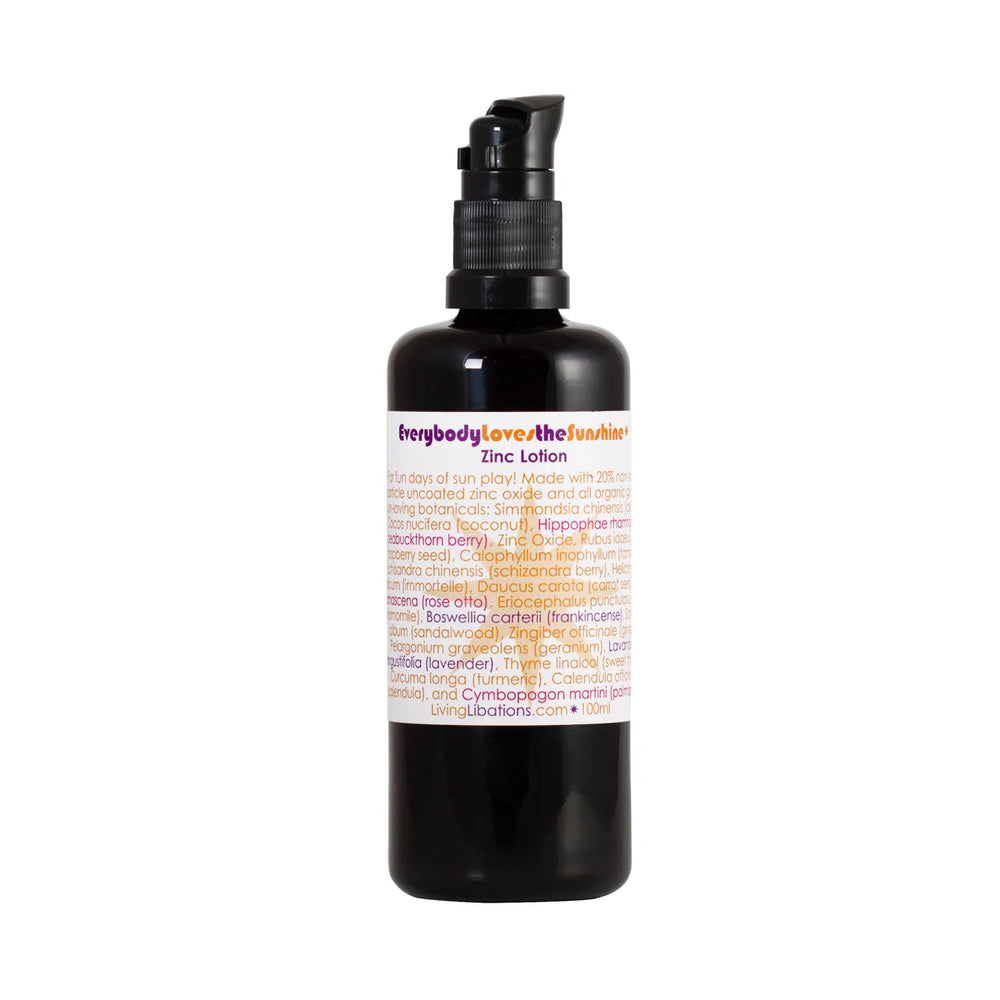 Living Libations Everybody Loves the Sunshine Zinc Lotion with botanical oils and non-nano zinc oxide. 50ml