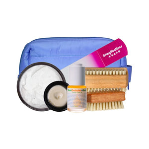 Living Libations Happy Hands + Feet Bundle with nail tools, crème, scrub, and a mauve pouch