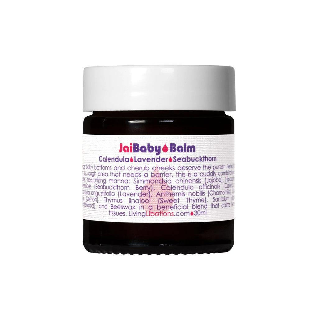 Living Libations Jai Baby Balm in a jar, perfect for baby care and moisturizing dry skin. 30ml