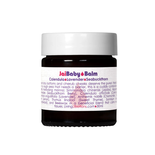 Living Libations Jai Baby Balm in a jar, perfect for baby care and moisturizing dry skin. 30ml