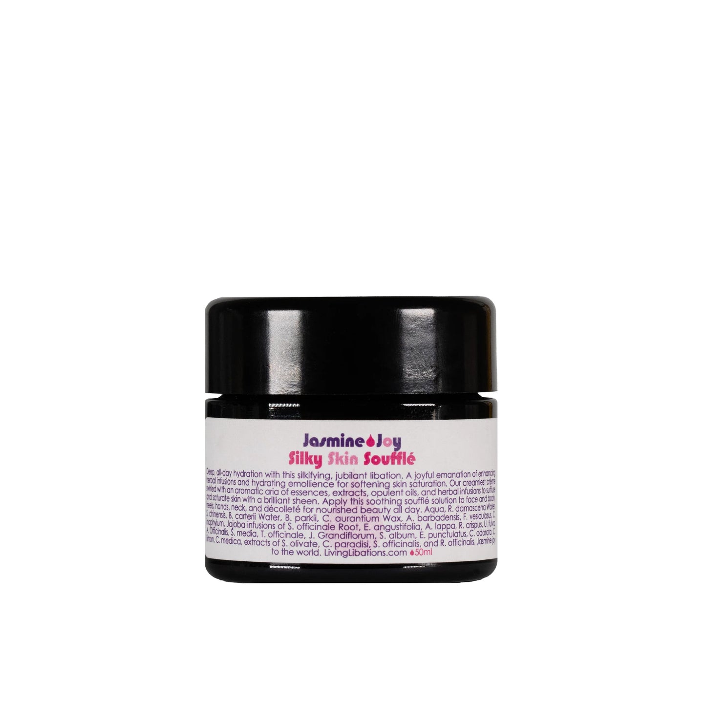 Living Libations Jasmine Joy Silky Skin Soufflé - a rich and creamy hydrating skin soufflé infused with Jasmine, Sandalwood, Ylang Ylang, and botanical emollients for radiant, moisturized skin. 50 ml