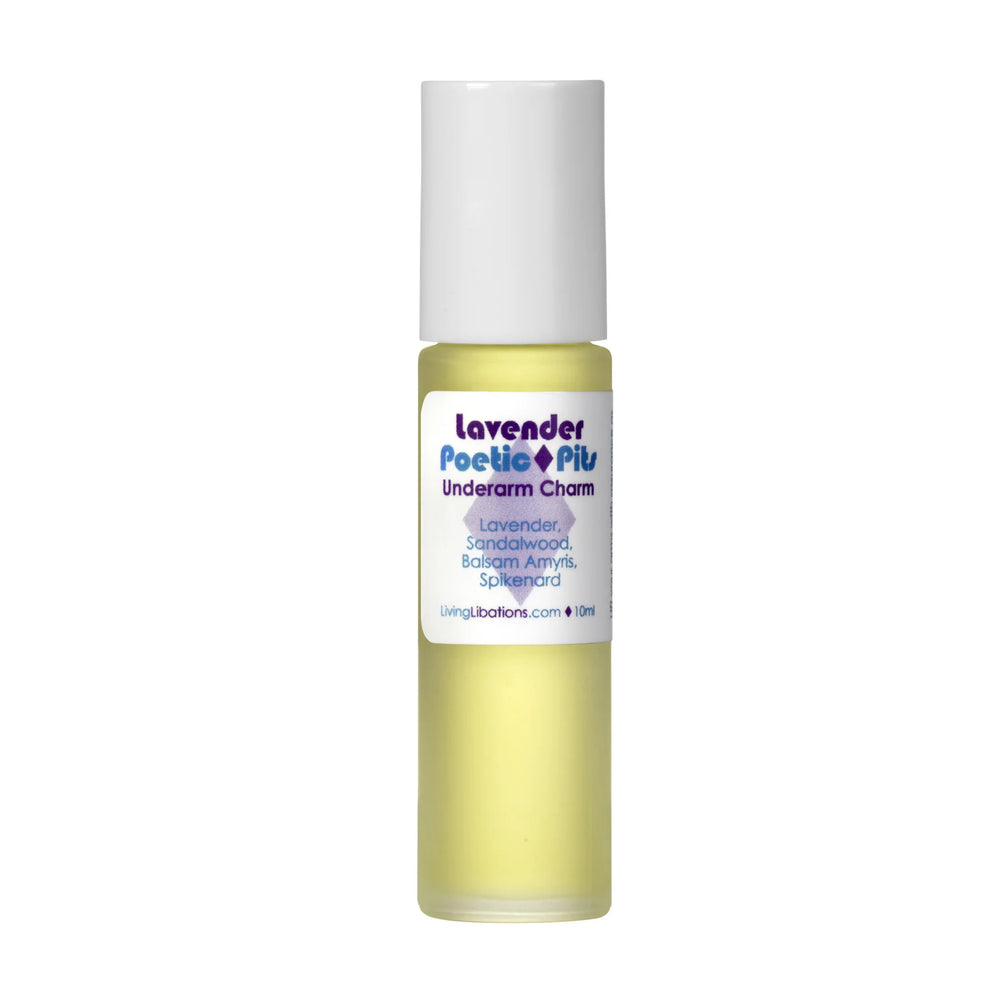 Living Libations Lavender Poetic Pits roll-on deodorant with sandalwood, lavender, spikenard, and balsam amyris oils. 5ml