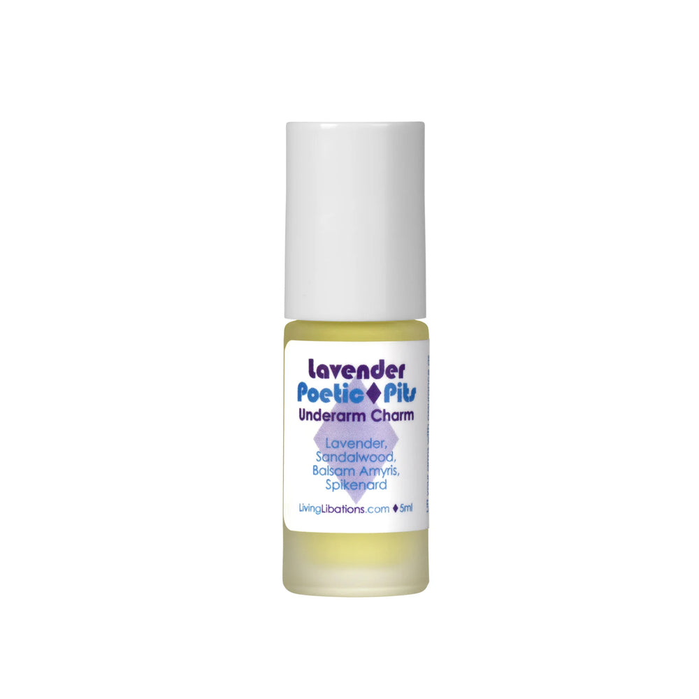 Living Libations Lavender Poetic Pits roll-on deodorant with sandalwood, lavender, spikenard, and balsam amyris oils. 5ml