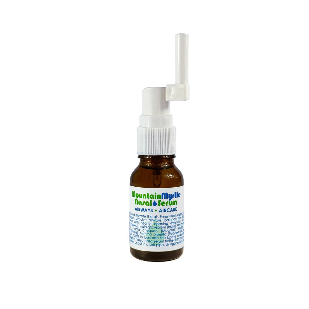 Glass bottle of Living Libations Mountain Myrtle Nasal Serum with natural ingredients like mountain myrtle, peppermint, and thyme, ideal for nasal care.