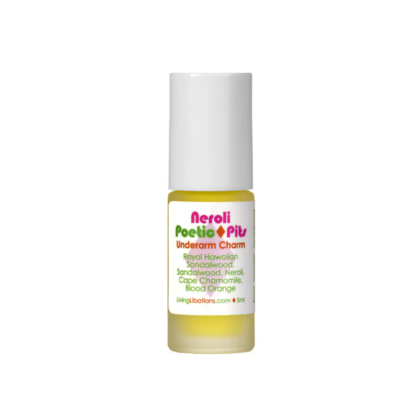 Living Libations Neroli Poetic Pits roll-on deodorant with Hawaiian sandalwood, neroli, blood orange, and cape chamomile essential oils. 5ml