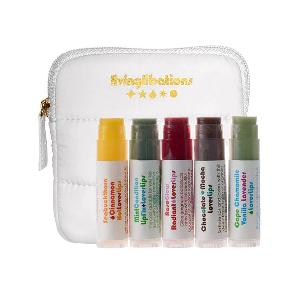 Living Libations Nourishing Lip Balm Bundle with five balms in a white puffer pouch