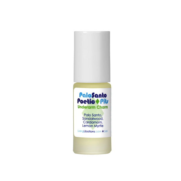 Living Libations Palo Santo Poetic Pits natural deodorant with Palo Santo, sandalwood, cardamom, and lemon myrtle essential oils. 5ml