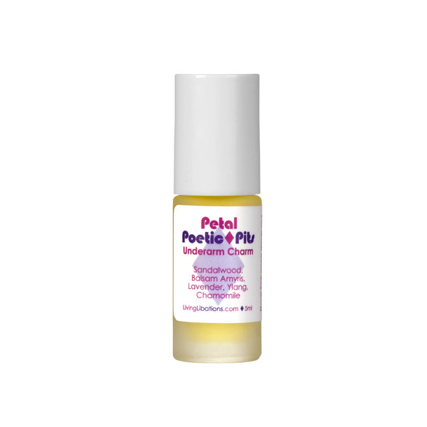 Living Libations Petal Poetic Pits roll-on featuring sandalwood, lavender, ylang, and chamomile essential oils. 5ml