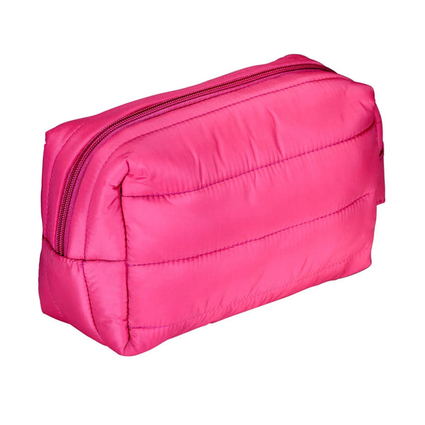 Living Libations Puffer Dopp Bag in Peony Pink, with padded compartments and a zippered side pocket for easy organization. peony pink