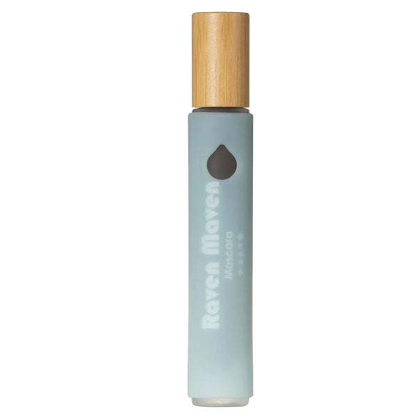 Living Libations Raven Maven Mascara in a pastel blue silicone sleeve with drop-shaped window.