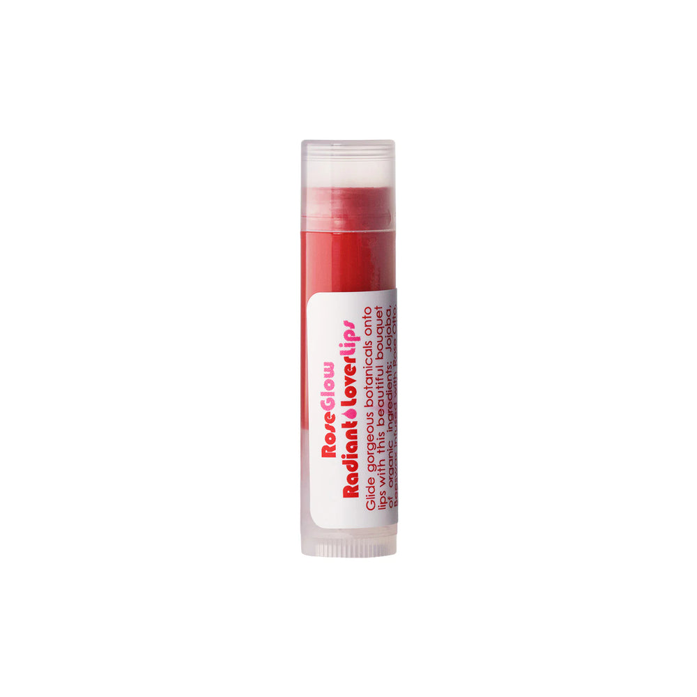 A single tube of Rose Glow Radiant Lip Balm in a vibrant coral-red shade, shown on a clean white background.