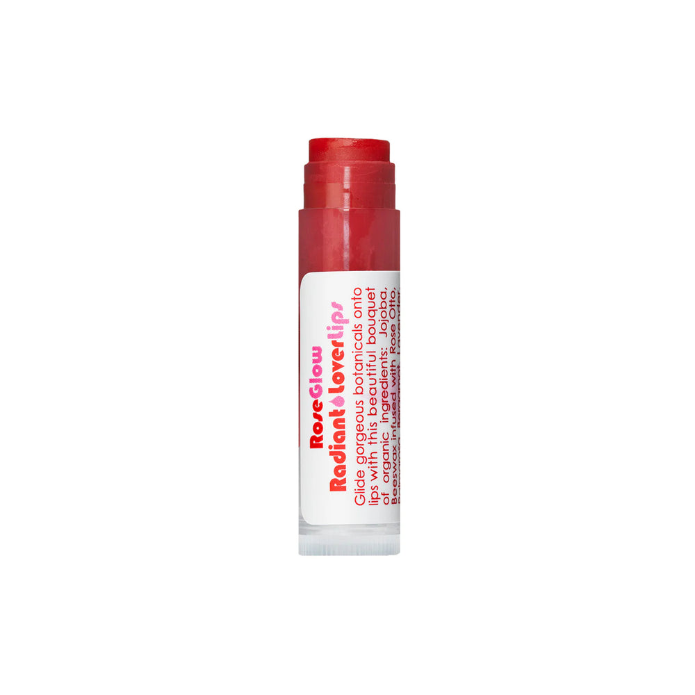 A single tube of Rose Glow Radiant Lip Balm in a vibrant coral-red shade, shown on a clean white background.