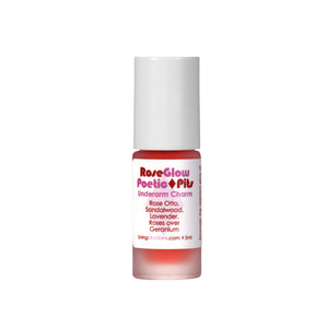 Living Libations Rose Glow Poetic Pits roll-on with rose otto, sandalwood, and lavender essential oils. 5ml