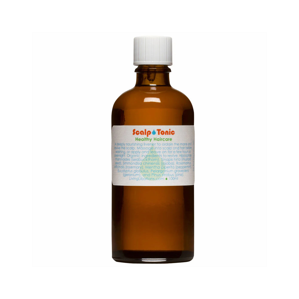 Living Libations Seabuckthorn Scalp Tonic bottle, featuring nourishing ingredients like seabuckthorn, rosemary, and peppermint for a healthy, revitalized scalp. 30ml