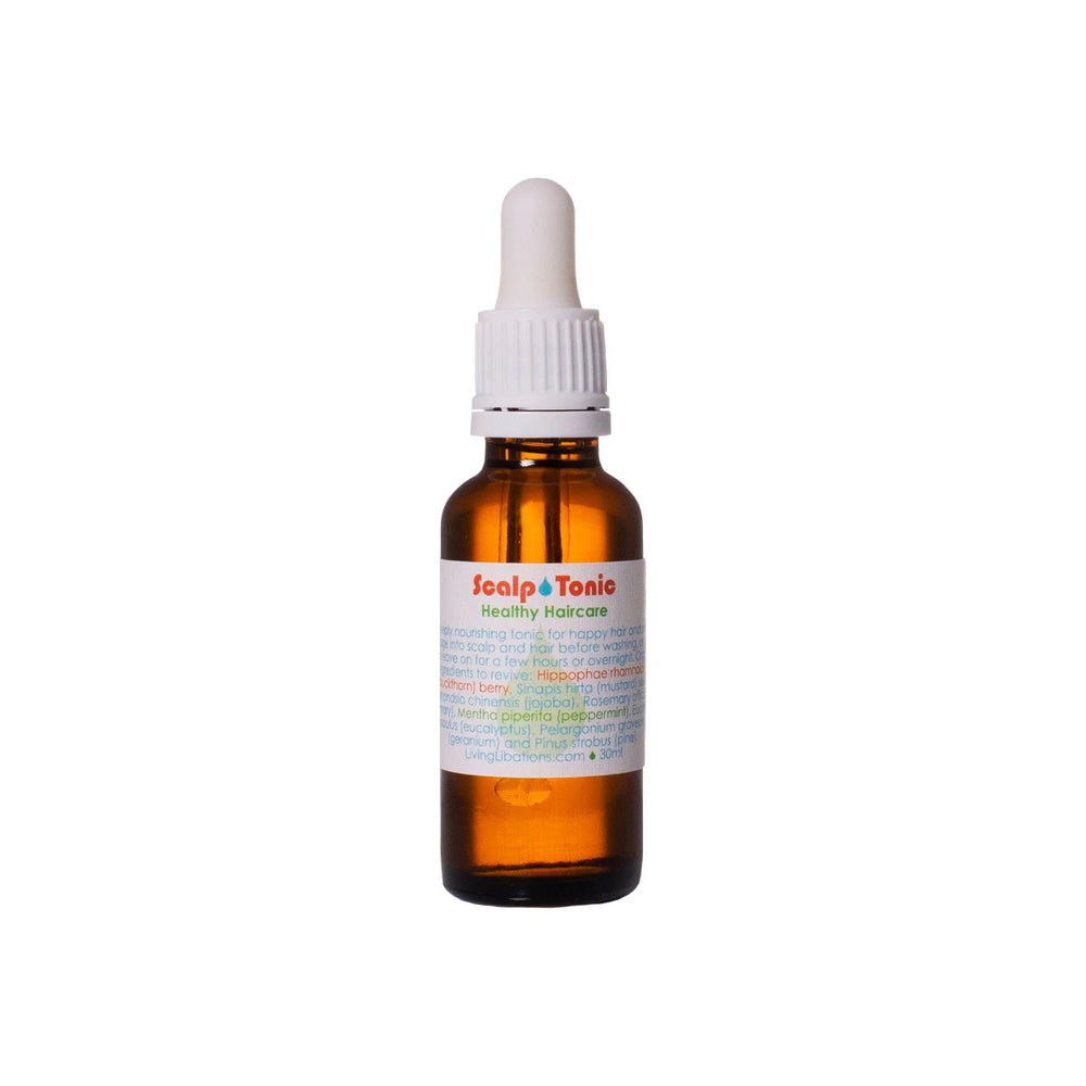 Living Libations Seabuckthorn Scalp Tonic bottle, featuring nourishing ingredients like seabuckthorn, rosemary, and peppermint for a healthy, revitalized scalp. 30ml