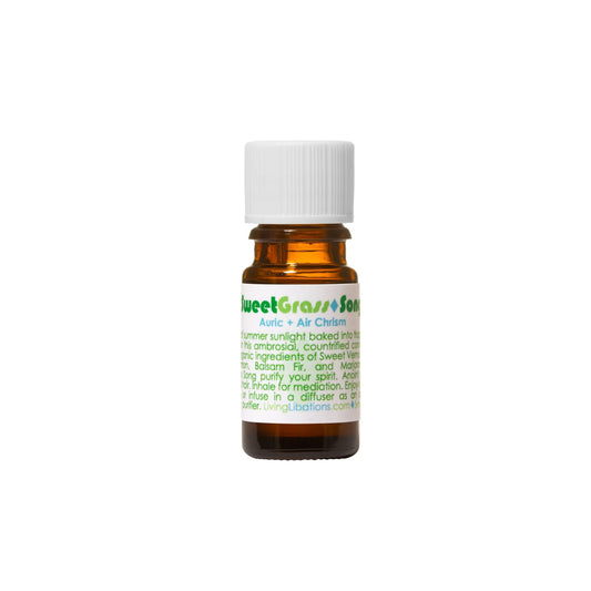 Living Libations SweetGrass Song - Auric + Air Chrism: A fragrant blend of Sweet Vernal-Vanilla Grass, Hay, Marjoram, Green Lemon, and Balsam Fir Absolute, capturing the scent of balsamic summer breezes 5ml