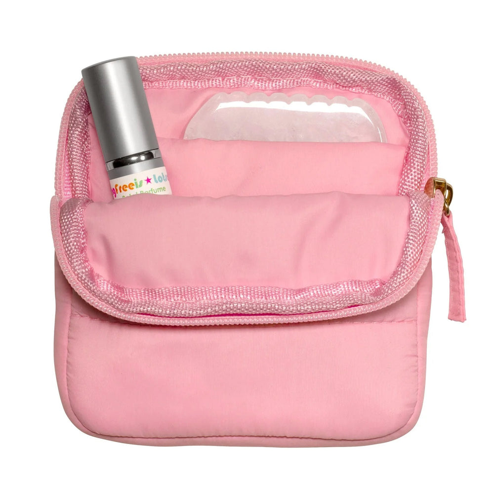 Living Libations Perfect Puffer Pocket in pastel colours for storing essential oils or small accessories. primrose pink