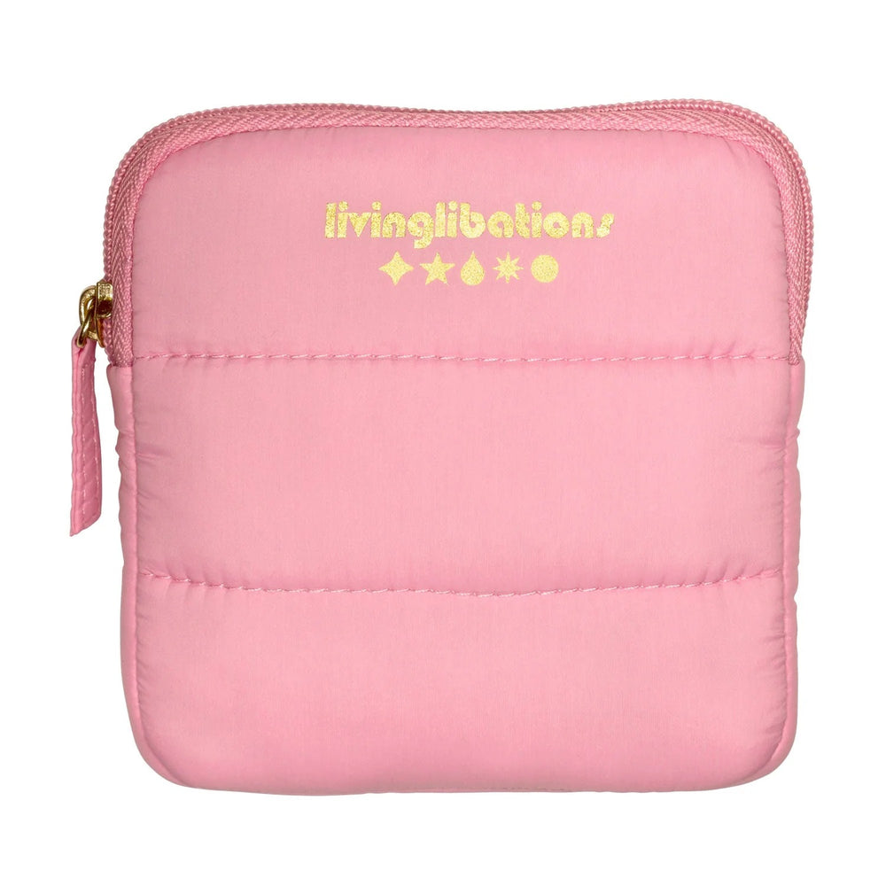 Living Libations Perfect Puffer Pocket in pastel colours for storing essential oils or small accessories. primrose pink