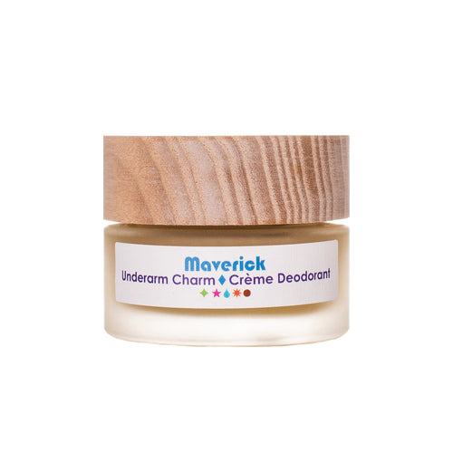 Living Libations Maverick Underarm Charm Crème Deodorant with sandalwood, vetiver, frankincense, kaolin clay, and cacao butter in natural cream form. 30ml