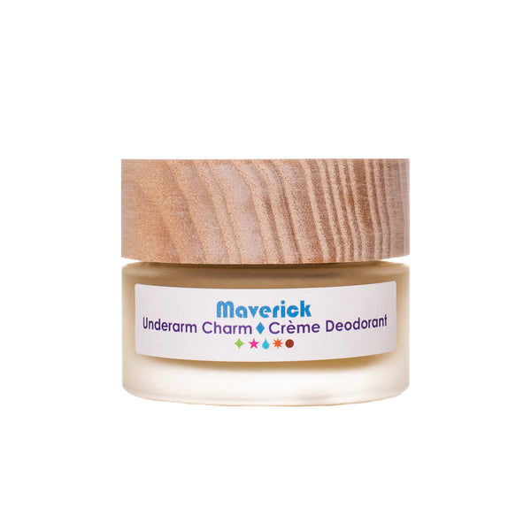 Living Libations Maverick Underarm Charm Crème Deodorant with sandalwood, vetiver, frankincense, kaolin clay, and cacao butter in natural cream form. 30ml