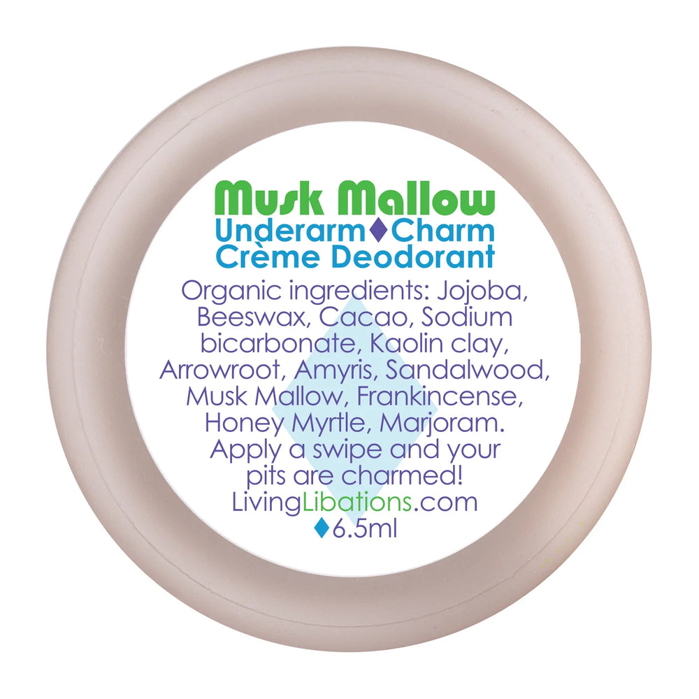 Living Libations Underarm Charm Crème Deodorant Maverick with Musk Mallow, Sandalwood, and Balsam Amyris, offering a sensual, natural scent for underarms. 30ml