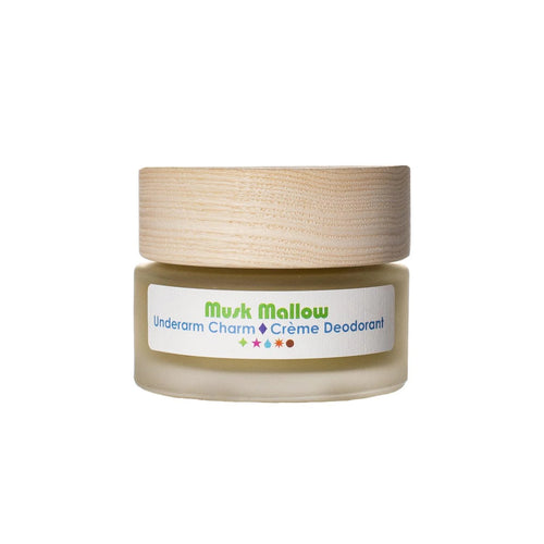 Living Libations Underarm Charm Crème Deodorant Maverick with Musk Mallow, Sandalwood, and Balsam Amyris, offering a sensual, natural scent for underarms. 30ml