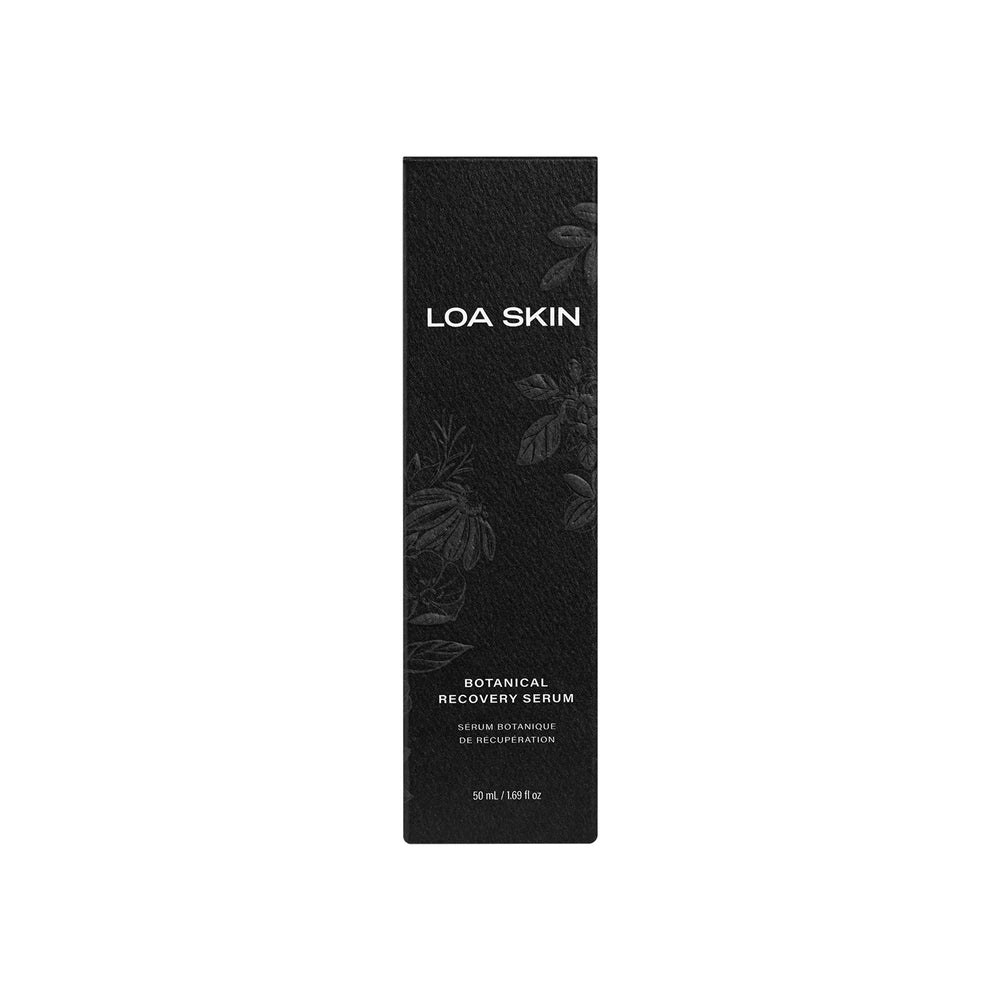Loa Skin botanical recovery serum moisturizer hybrid in glass black bottle, botanical facial oil-serum designed to hydrate and support skin comfort.
