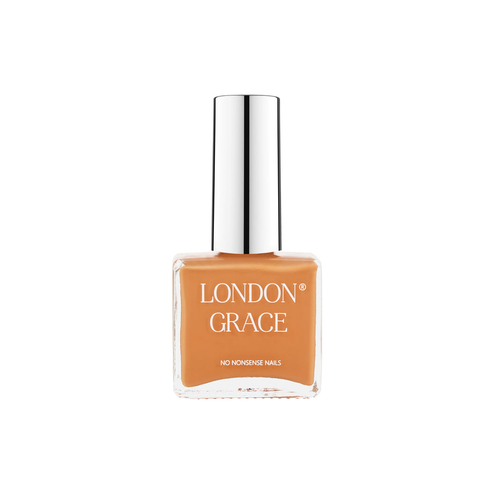 London Grace Amber Nail Polish in a milky orange shade, vegan, cruelty-free, eco-friendly, and highly pigmented for glossy, long-lasting nails.