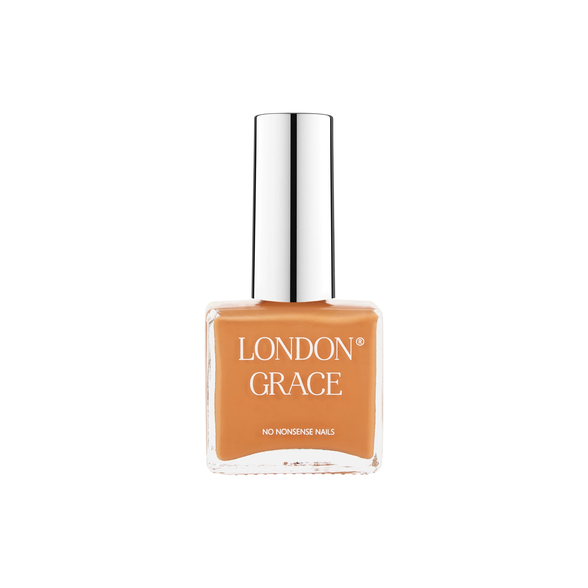 London Grace Amber Nail Polish in a milky orange shade, vegan, cruelty-free, eco-friendly, and highly pigmented for glossy, long-lasting nails.