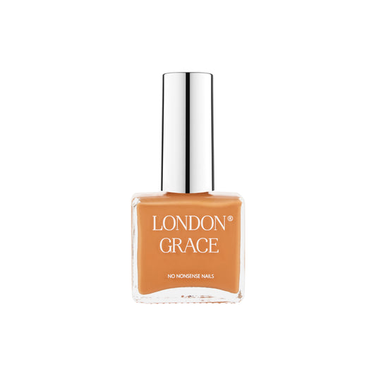 London Grace Amber Nail Polish in a milky orange shade, vegan, cruelty-free, eco-friendly, and highly pigmented for glossy, long-lasting nails.