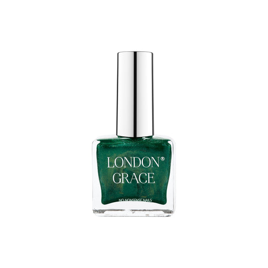 London Grace Amy Nail Polish in a metallic green shade, vegan, cruelty-free, eco-friendly, and formulated for glossy, long-lasting nails.