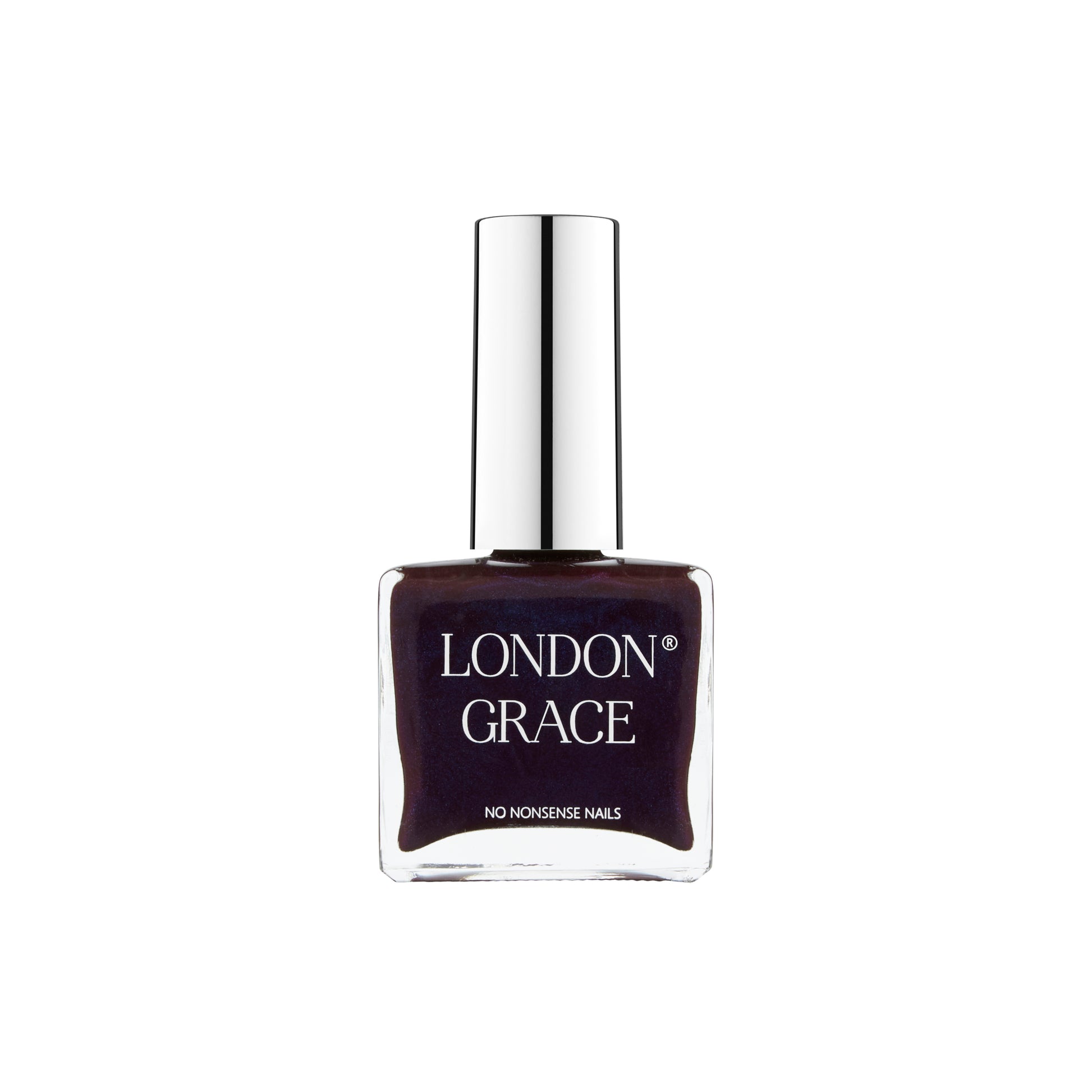 London Grace Blake Nail Polish in a deep petrol purple with metallic shimmer, offering bold, glossy color with salon-quality results. Vegan, cruelty-free, and eco-friendly.