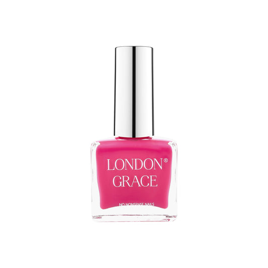 London Grace Britney Nail Polish in a vibrant hot pink shade, offering bold, mood-boosting color with a vegan, cruelty-free, and eco-friendly formula.