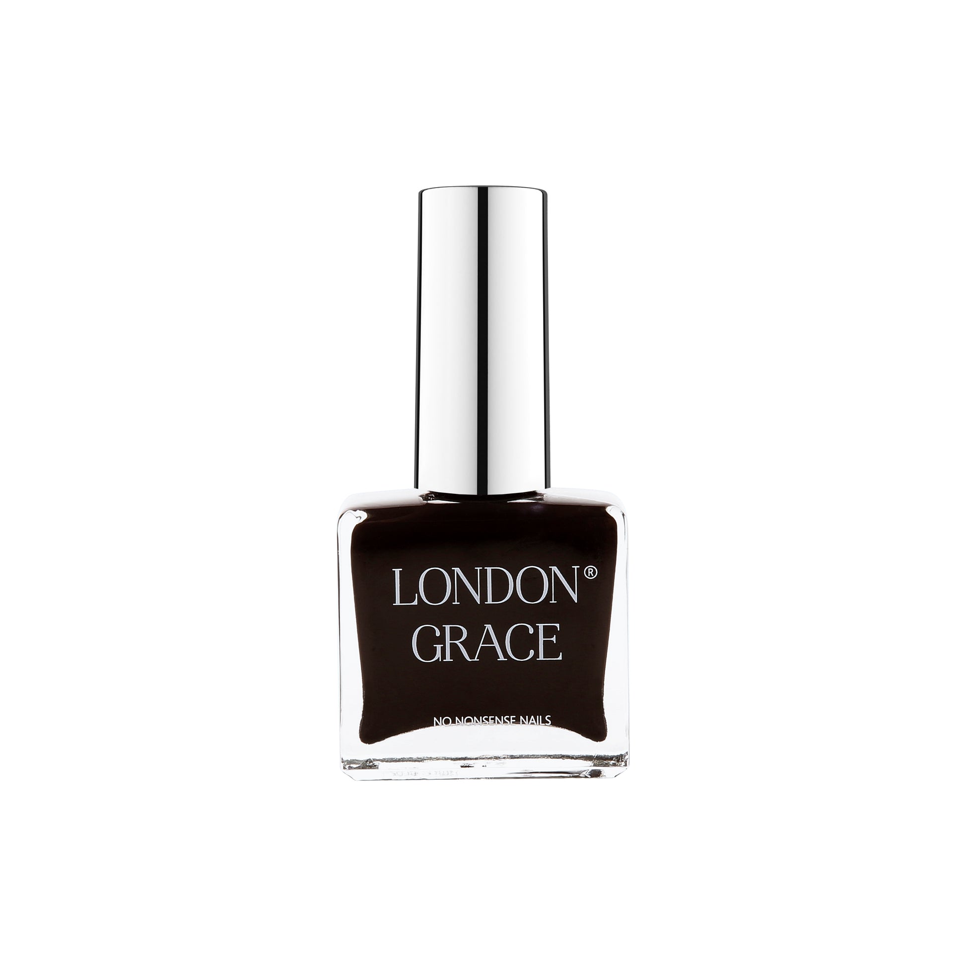  London Grace Bruce Nail Polish in a timeless black shade, offering a glossy, highly pigmented finish with a vegan, cruelty-free, and eco-friendly formula.