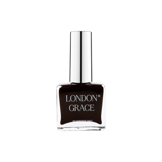  London Grace Bruce Nail Polish in a timeless black shade, offering a glossy, highly pigmented finish with a vegan, cruelty-free, and eco-friendly formula.