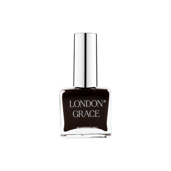  London Grace Bruce Nail Polish in a timeless black shade, offering a glossy, highly pigmented finish with a vegan, cruelty-free, and eco-friendly formula.