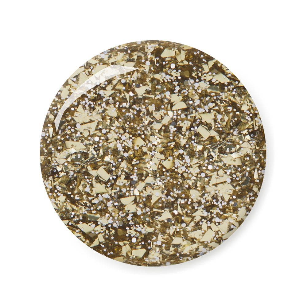 London Grace Carrie Nail Polish, a gold glitter formula that adds sparkle and glamour, perfect for festive or glamorous occasions, vegan and cruelty-free.
